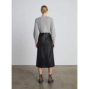 FERNGIRL Faux Leather Slit Skirt High Elastic Waist Below Knee Length Skirt Midi Skirt Womens Black