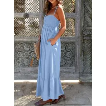 Dokotoo Womens Spring Summer Sun Dresses for Women 2025 Casual Sleeveless Button Down Smocked Elastic Spaghetti Straps A-Line Swing Flowy Maxi Hawaiian Beach Swimsuit Coverup Dress Light Blue Small