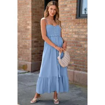 Dokotoo Womens Spring Summer Sun Dresses for Women 2025 Casual Sleeveless Button Down Smocked Elastic Spaghetti Straps A-Line Swing Flowy Maxi Hawaiian Beach Swimsuit Coverup Dress Light Blue Small