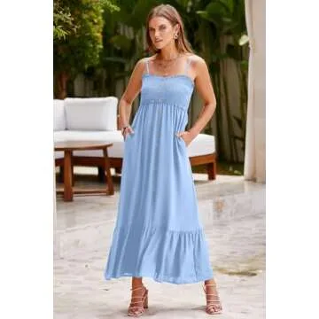 Dokotoo Womens Spring Summer Sun Dresses for Women 2025 Casual Sleeveless Button Down Smocked Elastic Spaghetti Straps A-Line Swing Flowy Maxi Hawaiian Beach Swimsuit Coverup Dress Light Blue Small