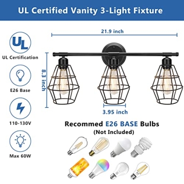 Elibbren 3-Light Vintage Black Farmhouse Bathroom Light Fixture