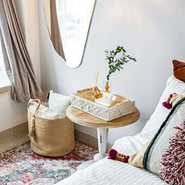 Mkono Macrame Decorative Tray Boho Home Decor Basket with Wooden Handles Handmade Woven Jewelry Perf...