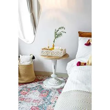 Mkono Macrame Decorative Tray Boho Home Decor Basket with Wooden Handles Handmade Woven Jewelry Perfume Makeup Storage Organizer for Vanity, Dresser, Countertop, Bedroom, Living Room, 14''L x 10''W