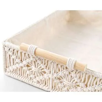 Mkono Macrame Decorative Tray Boho Home Decor Basket with Wooden Handles Handmade Woven Jewelry Perfume Makeup Storage Organizer for Vanity, Dresser, Countertop, Bedroom, Living Room, 14''L x 10''W