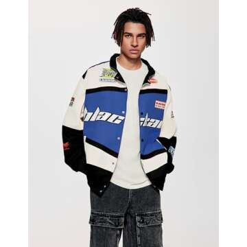 Vamtac Mens Varsity Baseball Jacket Bomber Cotton Vintage Racing Coats Streetwear with Pocket