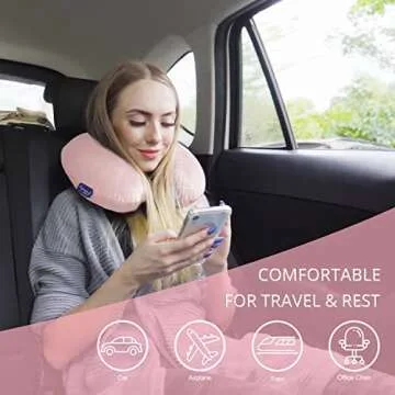 Fabuday Memory Foam Neck Pillows for Travel - Airplane Pillows for Sleeping with Attachable Snap Strap Soft Washable Cover, Flight Pillow for Traveling, Car, Office, Provide Head Neck Support Pink