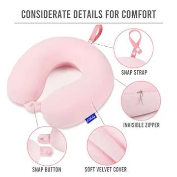 Fabuday Memory Foam Neck Pillows for Travel - Airplane Pillows for Sleeping with Attachable Snap Strap Soft Washable Cover, Flight Pillow for Traveling, Car, Office, Provide Head Neck Support Pink