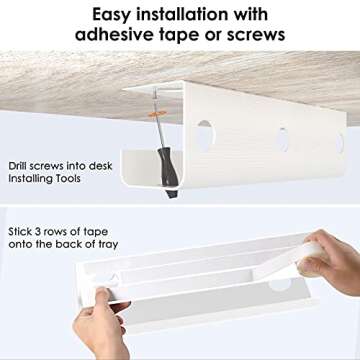 Delamu Cable Raceway, 2 Pack Under Desk Cable Management Tray, 31.5in Desk Cord Organizer for Wire Management, No Drill/Drill Under Desk Shelf for Home Office Computer Desk Cable Hider, White