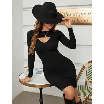 Blooming Jelly Womens Long Sleeve Sweater Dress Sexy Cut Out Bodycon Mini Fall Dress Trendy Ribbed Knit Ladies Winter Dresses 2024 (Large, Black)