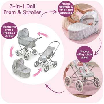 Badger Basket Just Like Mommy 3-in-1 Convertible Doll Pram, Carrier & Stroller - Gray/Polka Dots - Fits Dolls 18 to 22 Inches