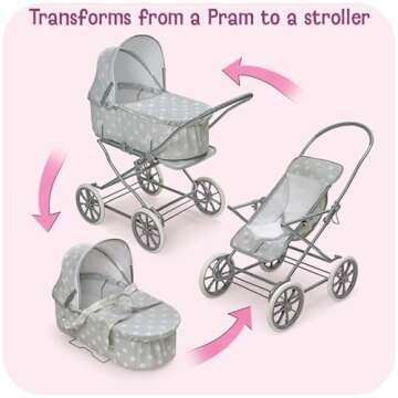 Badger Basket Just Like Mommy 3-in-1 Convertible Doll Pram, Carrier & Stroller - Gray/Polka Dots - Fits Dolls 18 to 22 Inches