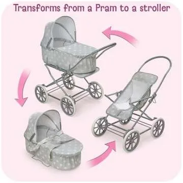 Badger Basket Just Like Mommy 3-in-1 Convertible Doll Pram, Carrier & Stroller - Gray/Polka Dots - Fits Dolls 18 to 22 Inches