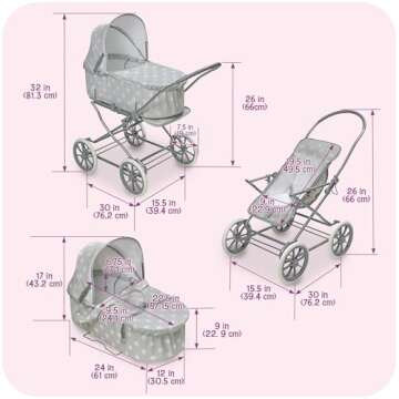 Badger Basket Just Like Mommy 3-in-1 Convertible Doll Pram, Carrier & Stroller - Gray/Polka Dots - Fits Dolls 18 to 22 Inches