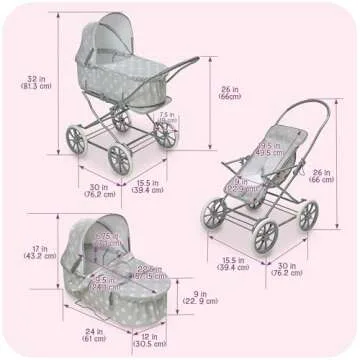 Badger Basket Just Like Mommy 3-in-1 Convertible Doll Pram, Carrier & Stroller - Gray/Polka Dots - Fits Dolls 18 to 22 Inches