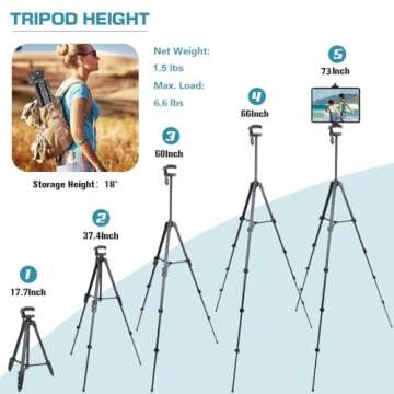Tripod, Lusweimi 73-Inch Camera Tripod for iPad Pro & iPhone Compatible with Tablet/iPad Pro 12.9 inch, Camera Tripod Stand with Wireless Remote & Bag