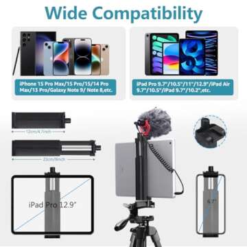 Tripod, Lusweimi 73-Inch Camera Tripod for iPad Pro & iPhone Compatible with Tablet/iPad Pro 12.9 inch, Camera Tripod Stand with Wireless Remote & Bag