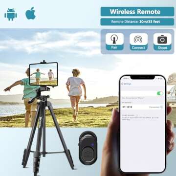 Tripod, Lusweimi 73-Inch Camera Tripod for iPad Pro & iPhone Compatible with Tablet/iPad Pro 12.9 inch, Camera Tripod Stand with Wireless Remote & Bag