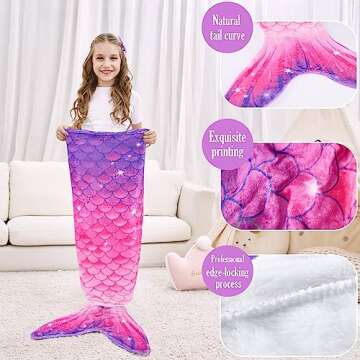 WERNNSAI Mermaid Tail Blanket - Mermaid Wearable Blankets for Kids Girls Soft Flannel Mermaid Scale Sleeping Bags All Seasons Snuggle Blanket (Purple & Pink)