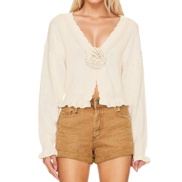 Meladyan Women’s Vintage Flower Slit Sweater Top Sexy Deep V Neck Knit Crop Tops Long Sleeve Y2K F...