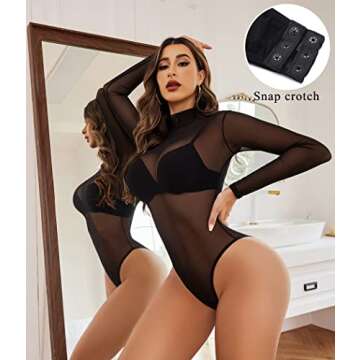 Avidlove Long Sleeve Bodysuit for Women Black T-shirt Sexy Mesh Lace Nightwear Halloween Costumes