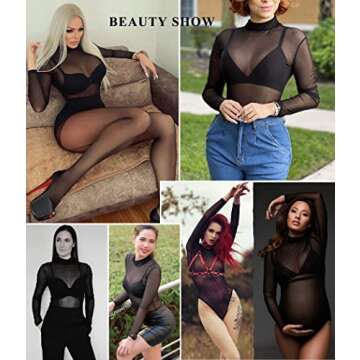 Avidlove Long Sleeve Bodysuit for Women Black T-shirt Sexy Mesh Lace Nightwear Halloween Costumes