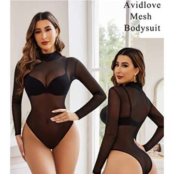 Avidlove Long Sleeve Bodysuit for Women Black T-shirt Sexy Mesh Lace Nightwear Halloween Costumes