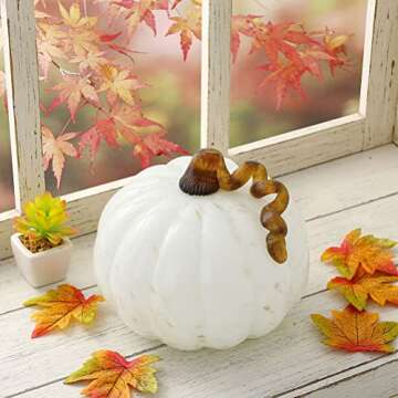 Glitzhome 7.5 Inch Hand Blown Golden White Glass Pumpkin Table Accent