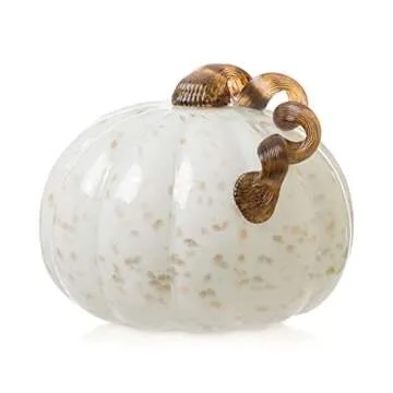 Glitzhome 7.5 Inch Hand Blown Golden White Glass Pumpkin Table Accent