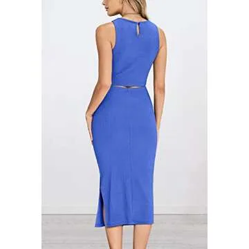 PRETTYGARDEN Women's 2 Piece Summer Outfits Crewneck Tank Tops Split Bodycon Midi Skirt Set (Blue,Large)