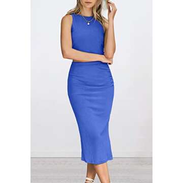 PRETTYGARDEN Women's 2 Piece Summer Outfits Crewneck Tank Tops Split Bodycon Midi Skirt Set (Blue,Large)