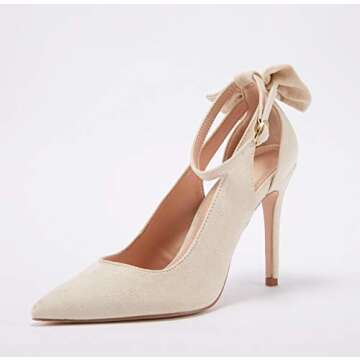 Fashare Womens High Heels Pointed Toe Bowtie Back Ankle Buckle Strap Wedding Evening Party Dress Pumps Shoes A-Beige