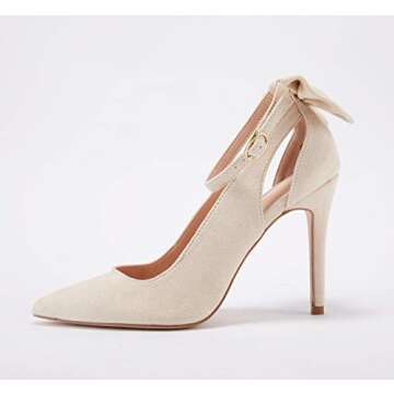 Fashare Womens High Heels Pointed Toe Bowtie Back Ankle Buckle Strap Wedding Evening Party Dress Pumps Shoes A-Beige