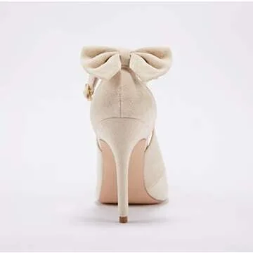 Fashare Womens High Heels Pointed Toe Bowtie Back Ankle Buckle Strap Wedding Evening Party Dress Pumps Shoes A-Beige