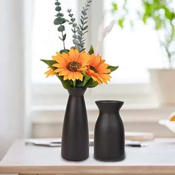 Joynisy Ceramic Vase Set of 2, Black Matte Boho Vase for Decorative Dried Flowers Pampas Grass Decoraitons, Dining Table Centerpieces Rustic Living Room Decor for Home Office (Black)