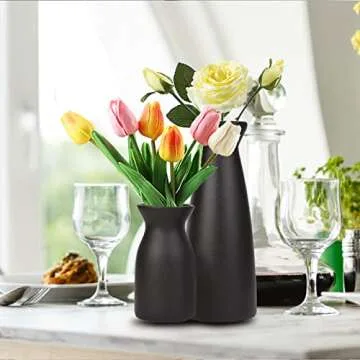 Joynisy Ceramic Vase Set of 2, Black Matte Boho Vase for Decorative Dried Flowers Pampas Grass Decoraitons, Dining Table Centerpieces Rustic Living Room Decor for Home Office (Black)