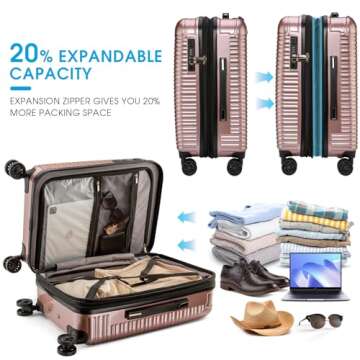 JKZJ Carry on Luggage 22x14x9 Airline Approved Expandable – Hardside Suitcase ABS+PC, with TSA Lock+USB Port+Reinforced Corner+Side Bumper Feets+Top & Side Grips, Suitcases 3 Organizer Bags Included
