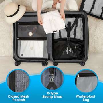 JKZJ Carry on Luggage 22x14x9 Airline Approved Expandable – Hardside Suitcase ABS+PC, with TSA Lock+USB Port+Reinforced Corner+Side Bumper Feets+Top & Side Grips, Suitcases 3 Organizer Bags Included