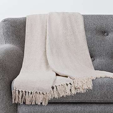 Americanflat 50x60 Cotton Throw Blanket for Couch with Fringe-Decorative Accent for Chairs, Bedrooms, Office and for Outdoor Use, Cream Herringbone