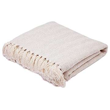 Americanflat 50x60 Cotton Throw Blanket for Couch with Fringe-Decorative Accent for Chairs, Bedrooms, Office and for Outdoor Use, Cream Herringbone