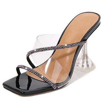 Yolkomo Women's Clear Heels Square Toe Rhinestone Mule Heels Slip-On Stiletto High Heeled Sandals fo...