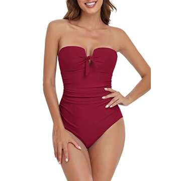 Upopby Women's Padded Push Up One Piece Swimsuits Strapless Bathing Suits for Women Tummy Control Ruched Bandeau Monokini Swimwear Plus Size Wine Red 12
