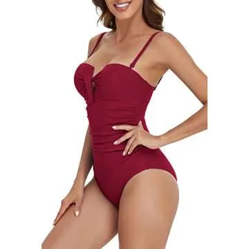 Upopby Women's Padded Push Up One Piece Swimsuits Strapless Bathing Suits for Women Tummy Control Ruched Bandeau Monokini Swimwear Plus Size Wine Red 12
