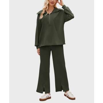 socialkiwi Women 2 Piece Oversized Sweatsuit Half Zip Sweatshirt Sweatpant Tracksuit Matching Lounge Set 2024 Fall Trendy Olive XXL
