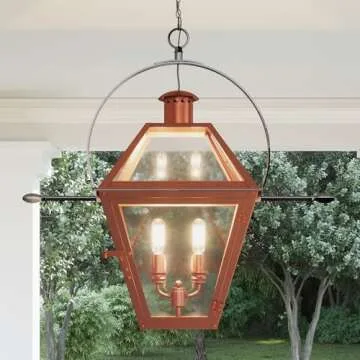 Quoizel Rue De Royal Charleston Outdoor Hanging Lantern, 24 Inch 2-Light Aged Copper Vintage Ceiling Light, French Country Chandelier, Max Hanging Height 125", Outside Lights for Patio or Porch