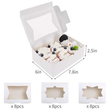 Moretoes 24pcs Bakery Boxes, 8x6x2.5 Inches 3 Style Windows Cookie Boxes, for Candies, Chocolate Strawberries, Cakes, Muffins, Donuts