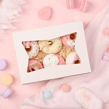 Moretoes 24pcs Bakery Boxes, 8x6x2.5 Inches 3 Style Windows Cookie Boxes, for Candies, Chocolate Strawberries, Cakes, Muffins, Donuts