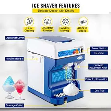 VEVOR 110V Electric Shaved Ice Machine 250W Snow Cone Maker Tabletop w/Adjustable Ice Texture, Ice Shaving Machine 265LBs/hr for Home and Commerical Use