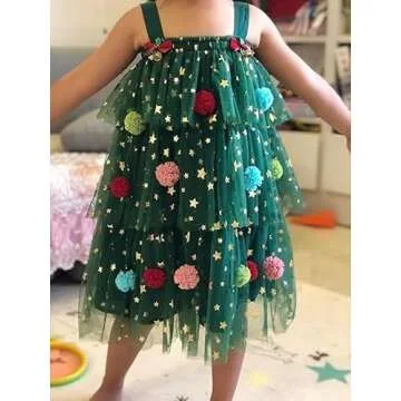 Toddler Girl Christmas Dress Star Sequin Layered Tulle Tutu Dress Pompom Embroidery Cake Smash Gift ...