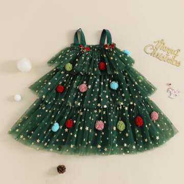Toddler Girl Christmas Dress Star Sequin Layered Tulle Tutu Dress Pompom Embroidery Cake Smash Gift Photo Shoot 1-6Y (Green, 1-2 Years)