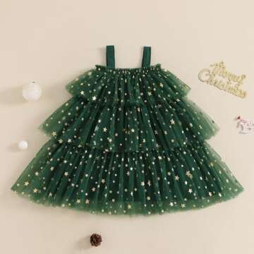 Toddler Girl Christmas Dress Star Sequin Layered Tulle Tutu Dress Pompom Embroidery Cake Smash Gift Photo Shoot 1-6Y (Green, 1-2 Years)